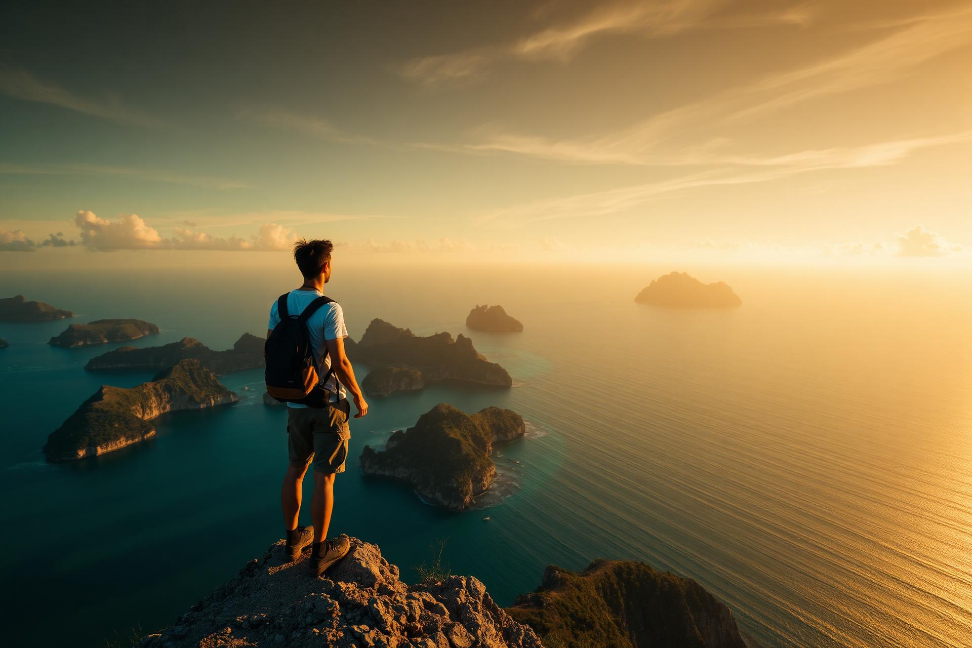 Viajero al atardecer sobre acantilado